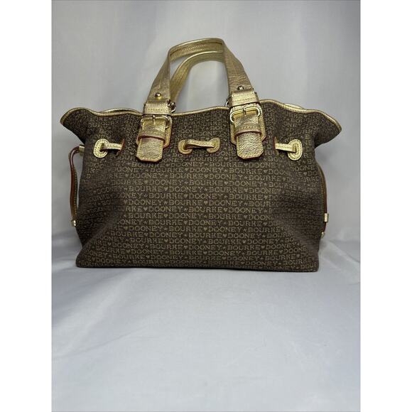 Brown And Gold Dooney and Bourke Small Print chiara tote Handbag Purse - Picture 2 of 11